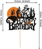 1 PCS Jack and Sally Pumpkin Bat Castle Ghost Cake Topper - Glitter Halloween Cake Pick for Kids Birthday Party & Baby Shower
