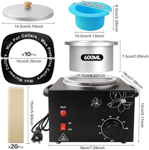 Portable Wax Warmer Machine for Painless Hair Removal, Women Men Professional Wax Heater with Adjustable Temperature Set, 20pcs Sticks, 1 Silicone Bowl (Black- Single Pot)