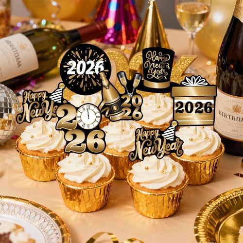 36Pcs Happy New Year Cupcake Toppers 2026 New Years Eve Party Decorations Picks Black Gold 2026 New Years Eve Party Supplies