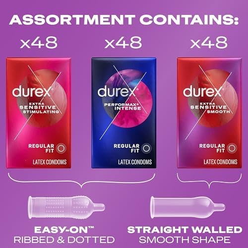 Durex Condoms Variety Adventure Pack, Mix of Durex Extra Sensitive Smooth & Stimulating & Performax Intense Ribbed & Dotted Latex Condoms, 144 Count