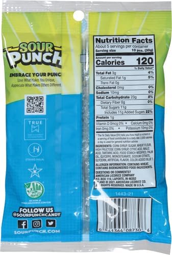 Sour Punch Bites, Sweet Chewy Candy, Blue Raspberry Flavored Sour Candy, 5oz Bag (12 Pack) (8730)