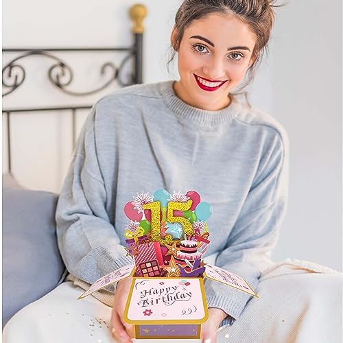 Asmallgf Sweet 15th Birthday Popup Card for Him Her, Naughty Fifteen Bday Gifts for Teen Girls Boys, Happy 15 Years Old Birthday 3D Greeting Card from Mom Dad, Great 15 Birthday Gift Idea for Niece