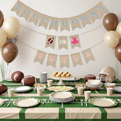 3 Pieces Touchdowns or Tutus Gender Reveal Decorations Banners Boy or Girl Rustic Burlap Banners for Baby Shower Rugby Gender Reveal Party Supplies Welcome Baby Party Decorations