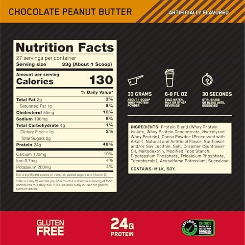 Optimum Nutrition Gold Standard 100% Whey Protein Powder, Chocolate Peanut Butter, 2 Pound (Packaging May Vary)
