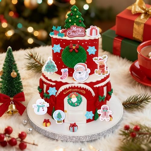 Morofme 50pcs Edible Christmas Cake Topper Christmas Cupcake Toppers Edible Santa Clause Decoration Holiday Cake Decor Wafer Christma Tree Socks Snowman Cupcake Decorations for New Years Theme Party