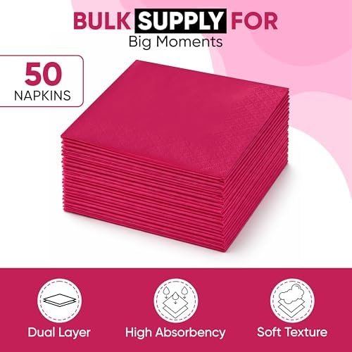 Perfect Stix Pink Beverage Napkins, 2-Ply, Disposable Cocktail Napkins for Party, Dinner, Wedding, Birthday, 50 Count