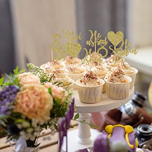 24 Pieces Gold Glitter Engagement Cupcake Toppers He Asked She Said Yes Diamond Ring Heart Cupcake Picks for Wedding Bridal Shower Party Cake Decorations