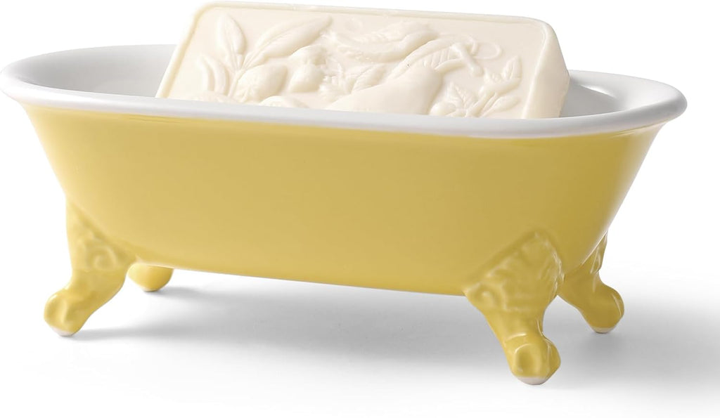 6.5" Ceramic Mini Decorative Clawfoot Bathtub Bar Soap Dish, Kitchen Sponge Holder and Shower Tray for Bathroom, 1 Pack(Yellow)