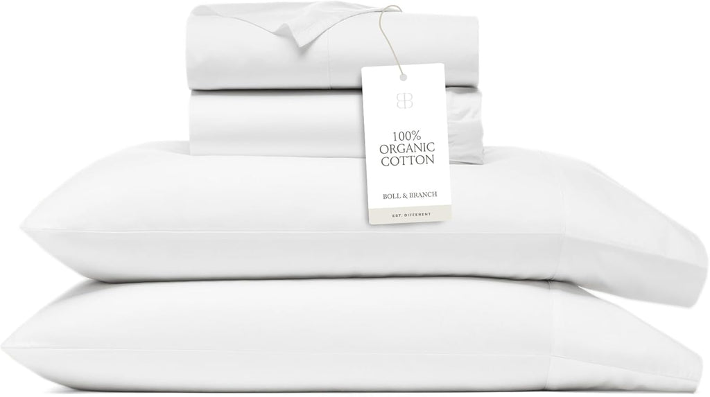 BOLL & BRANCH Percale Hemmed Sheet Set - Cooling Breathable Bed Sheets for Hot Sleepers - Twin XL, White - Luxury 100% Organic Cotton - 1 Flat, 1 Fitted, 2 Pillowcases