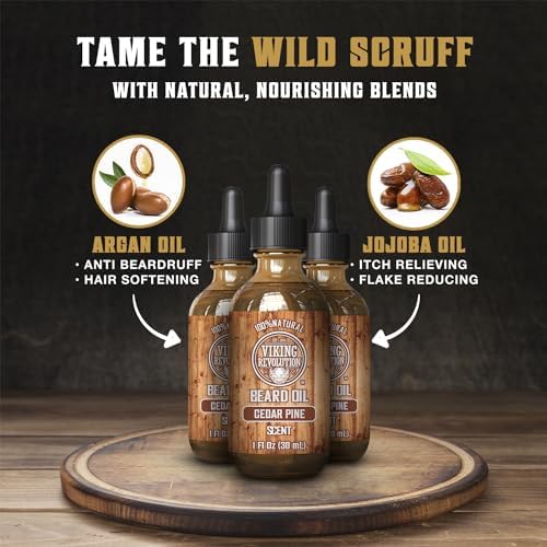 Viking Revolution Men's Beard Oil - Natural Argan and Jojoba Blend, Softens and Strengthens Facial Hair (Cedar and Pine, 3 Pack)