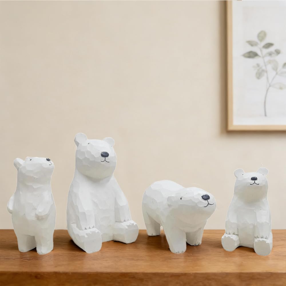 4PCS Polar Bear Family Statue, White Polar Bear Mom and Baby Figurine Home Decor Realistic Polar Animal Sculptures for Desktop Shelf Table Desk Bedroom Office Farmhouse Decoration Gifts