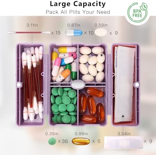 FYY Travel Pill Organizer with Blank Lables,6 Compartments Magnetic Pill Organizer Pill Box for Purse Pocket to Hold Vitamins,Cod Liver Oil,Supplements and Medication-Purple