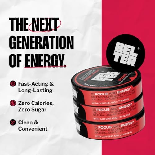 BELTER Focus - Cherry Punch - Caffeine Pouches - 15 Count - Fast-Acting - Zero-Calorie Energy Boost with L-Theanine - 96mg Caffeine Per Pouch - Ideal for Sports, Gym, Gaming, & Work