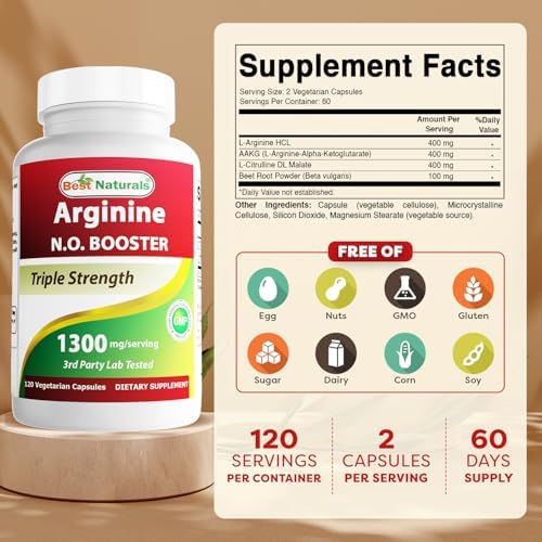 Best Naturals L-Arginine NO Booster Triple Strength 1300 mg Serving 120 Veg Capsules - Made with L-Arginine, AAKG, L-Citrulline, Beet Powder