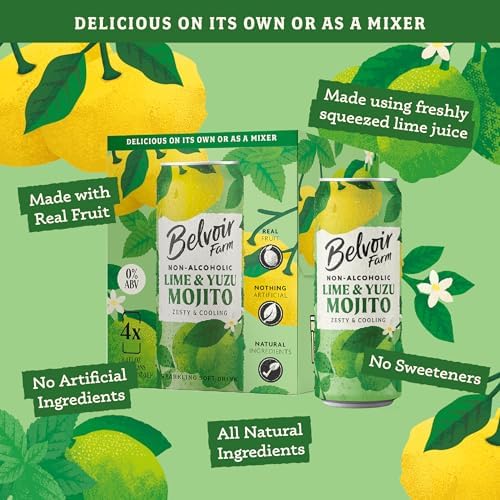 Belvoir Farm Non Alcoholic Lime & Yuzu Mojito 4-Pack of 8.4oz Cans – Refreshing Natural Beverage with a Hint of Fizz, Artisanal Craftsmanship, Zero Sugar, Organic Ingredients. Ready to Enjoy.