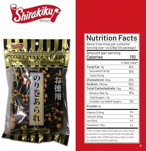 Shirakiku Japanese Nori Maki Arare Rice Crackers with | Glutinous Rice, Soy Sauce, Wheat, and Seaweed | Crispy and Savory Cracker Snacks, Seaweed Flavor, Pack of 2-5oz Each (Total 10oz)