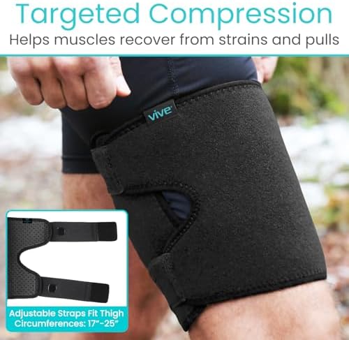 Vive Thigh Brace - Hamstring Quad Wrap - Adjustable Compression Sleeve Support for Pulled Groin Muscle, Sprains, Quadricep, Tendinitis, Workouts, Sciatica Pain and Sports Recovery - Men, Women (Black)