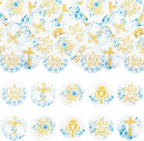 Ephlyn 48Pcs Edible God Bless Cupcake Toppers Wafer Paper Floral God Bless Cake Toppers Christian Theme Baby Shower Birthday Party Cake Decorations Supplies Blue