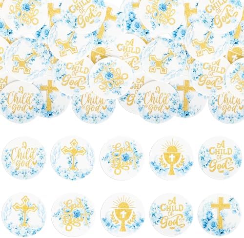 Ephlyn 48Pcs Edible God Bless Cupcake Toppers Wafer Paper Floral God Bless Cake Toppers Christian Theme Baby Shower Birthday Party Cake Decorations Supplies Blue