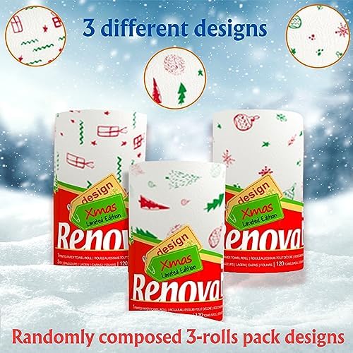 Renova Christmas Kitchen Paper Towel 3 Jumbo Rolls 2-ply 120 Sheets- Printed Paper Rolls for Christmas Decoration Table - Use as Christmas Napkins