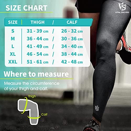 Vital Salveo Recovery Compression Sports Full Leg Sleeves Thigh Calf Long Knee Support Basketball Black (1 Pair) X-Large