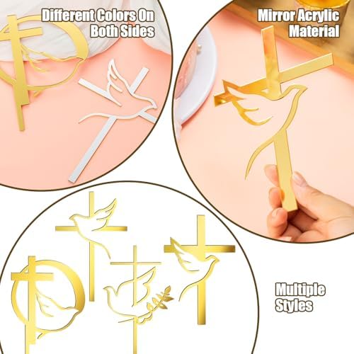 4 pcs Baptism Cake Toppers Acrylic Gold Dove Cross Cupcake Toppers Baptism First Communion Cake Decorations Supplies for Baby Shower Birthday Wedding Party Christian