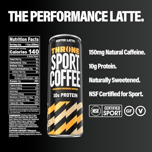 Throne Sport Coffee Latte – 10g protein - 150mg Natural Caffeine and B Vitamins – Lactose-Free, Premium Arabica, NSF Certified, Active Lifestyles – Coffee Latte, 12 Pack