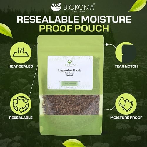 Biokoma Lapacho Bark Pau d'Arco Dried Herb 3.55 oz - Loose Pau d'Arco Herbal Tea Bark - Pure Natural Caffeine Free - No Additives - No Preservatives - Kosher