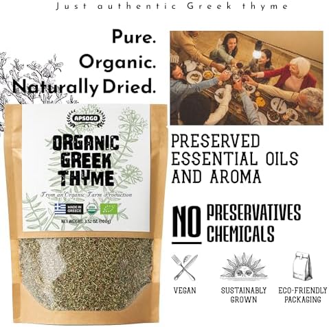 Apsogo Organic Greek Thyme – Premium Dried Thyme Leaves from Greece (3.52 oz) Aromatic for Cooking, Tea & Seasoning, 3.52 oz Resealable Eco Pouch