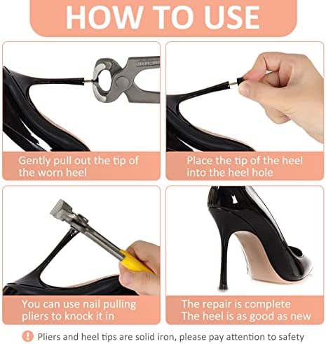 YEHAM 30 Pairs Women's High Heel Shoes Replacement Tips Pin, Round and Square Heel Repair Caps with 6" Heel Pliers for Repairing Shoes