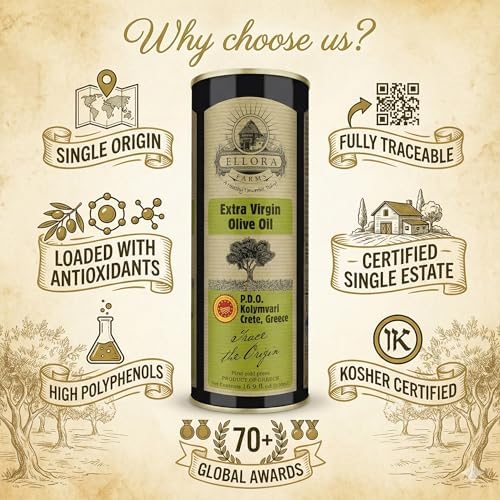 Ellora Farms, Certified Extra Virgin Olive Oil, Single Estate PDO Crete, Traceable Greek EVOO Greece, High in Phenols, Kosher 16.9 Fl Oz Tin
