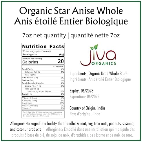 Jiva Organic Whole Star Anise 7 Oz Jumbo Bag - Non-GMO, Non Irradiated, Pure Spice from India, Staranise