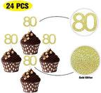 24 PCS 80th Cupcake Toppers - Anniversary or Birthday Cupcake Picks Party Decoration Supplies | Gold 80th