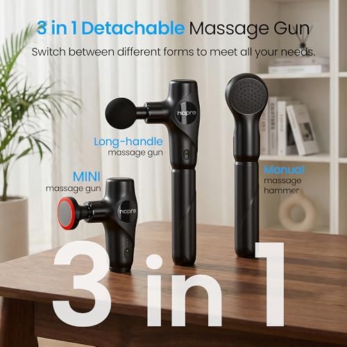 NAPRE 3-in-1 Detachable Massage Gun with Heat,Mini Massage Gun Deep Tissue with Extension Handle,Portable Handheld Percussion Muscle Massager for Back/Neck/Body,Small & Quiet,5 Heads