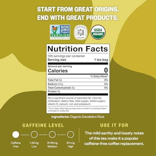 FGO Organic Roasted Dandelion Root Tea, 100 Count, Eco-Conscious Tea Bags, Resealable Bag, Caffeine Free, Packaging May Vary (Pack of 1)