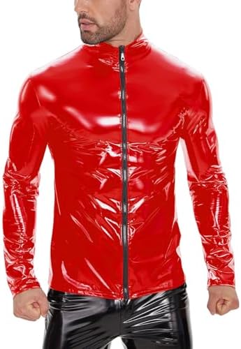 Men Sexy Leather Shirt, Glossy, Plus Size, Full Zipper, Shiny Latex Coat For Male, Red