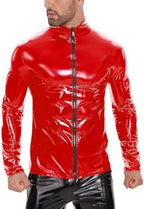 Men Sexy Leather Shirt, Glossy, Plus Size, Full Zipper, Shiny Latex Coat For Male, Red