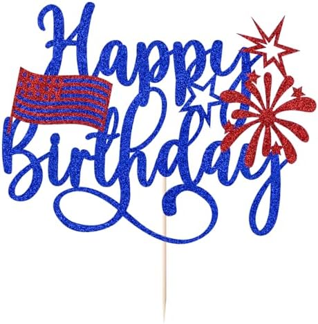 American Happy Birthday Cake Topper,Blue Glitter Independence Day Cake Toppers 4th of July Flag Day Photo Props for Patriotic Party/Boys Girls Independence Day Happy Birthday Party