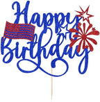 American Happy Birthday Cake Topper,Blue Glitter Independence Day Cake Toppers 4th of July Flag Day Photo Props for Patriotic Party/Boys Girls Independence Day Happy Birthday Party