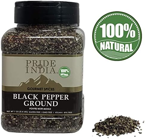Pride of India – Black Pepper Ground – Ideal for Gourmet Dishes/Soups/Stews/Rubs – Fresh & Preservatives Free – Warming Spice – Easy to Store – 7oz. Medium Dual Sifter Jar