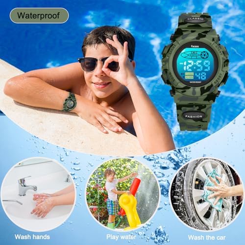 Kids Watch Digital for Boys-Waterproof Kids Sports Watch with Light, Alarm&Snooze,Stopwatch Military Design Silicone Band Gift for Birthdays,Christmas Outdoor Activities(8+ Years)