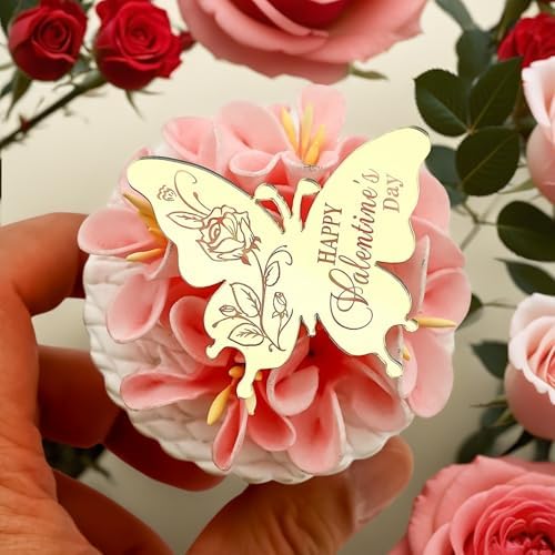 Happy Valentine's Day Butterfly Cupcake Toppers, 24 Pieces, Gold Mirrored Acrylic, Valentine's Day Party Decoration