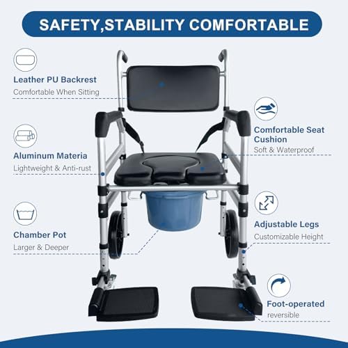 Rolling Shower Chair with Wheels for Elderly and Disabled, Foldable Wheelchair Lightweight Folding, Bedside Commode Chair with Arms for Toilet (Black)