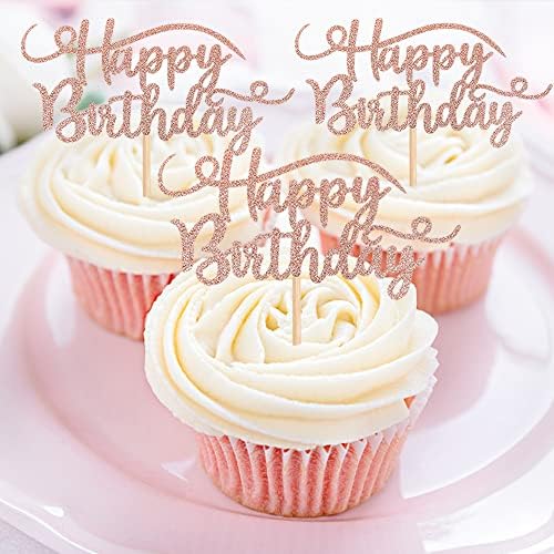 Rsstarxi 24 Pack Happy Birthday Cupcake Toppers Glitter Birthday Cupcake Food Picks for Celebrating Happy Birthday Party Cake Decorations Supplies Rose Gold