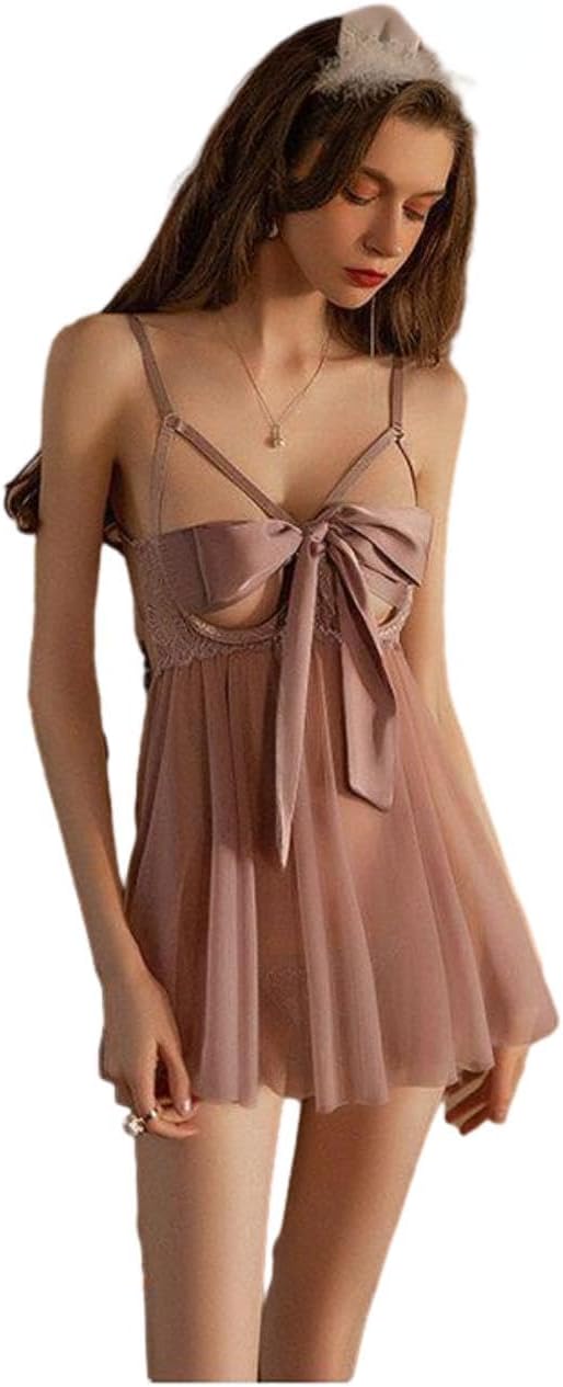 GRAYDREAM Sexy Lingerie Sexy Lace Backless Seductive Bow Nightgown, Suspender Skirt and T-pants Two-piece Set