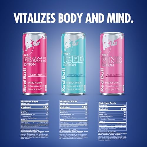 Red Bull Energy Drink Variety Pack, Peach, Iced Vanilla Berry, Pink, with 80mg Caffeine, Taurine & B Vitamins, 8.4 fl. oz, Pack of 12 Cans