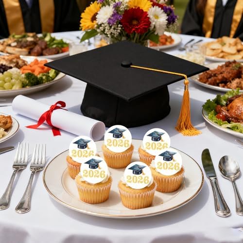 60 PCS Edible 2026 Graduation Cap Cupcake Toppers Wafer Paper Class of 2026 Cake Decorations Edible Congrats Grad Cap Cupcake Picks for 2026 Graduation Theme Party Food Decorations Supplies Gold