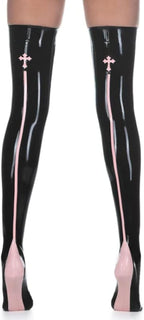 Sexy Long Latex Stockings with Cross and Stripes at Back Heel Rubber Thigh High Stockings,Black+Pink,Medium