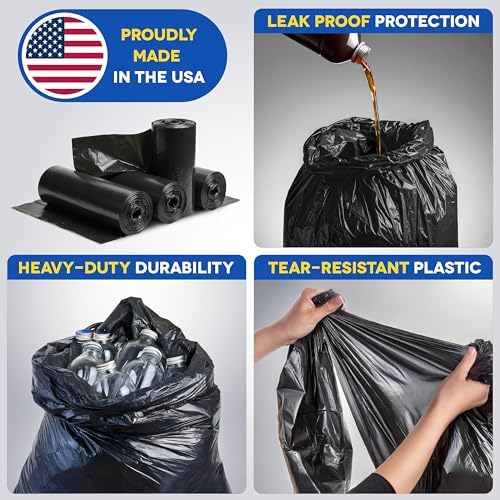 Large Trash Bags 55-60 Gallon | 150 Count, Heavy Duty Black Garbage Bags | Unscented, Leak Proof, Bulk Pack for Office, Industrial & Commercial Use - Made in USA