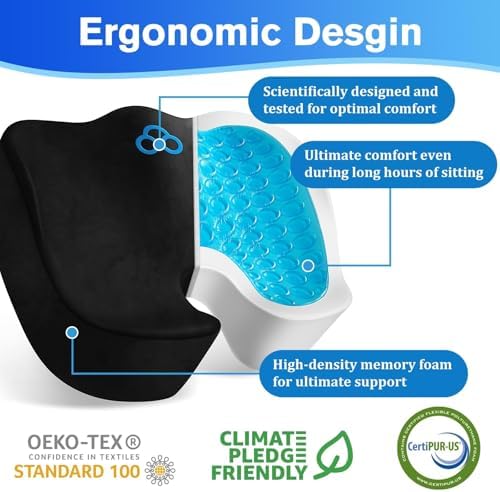 CushyOasis Seat Cushion, Gel Chair Cushions, Office Chair Cushions, Anti-Slip Bottom & Removable Cover Tailbone Pain Relief Cushion, Memory Foam Seat Cushion for Office, Wheelchair, Car (Black)